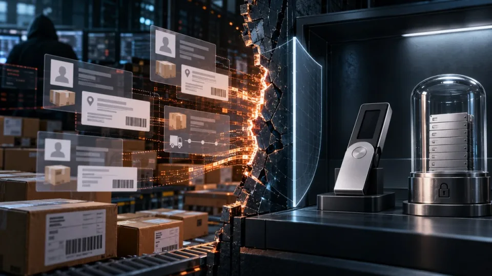 Conceptual illustration of customer shipping records escaping through a damaged e-commerce security barrier while a hardware wallet and recovery-key vault remain isolated.
