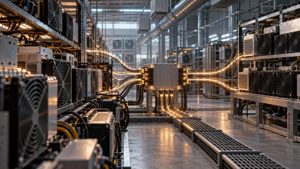 AI-generated conceptual illustration of varied Bitcoin mining machines connected through a shared industrial control layer
