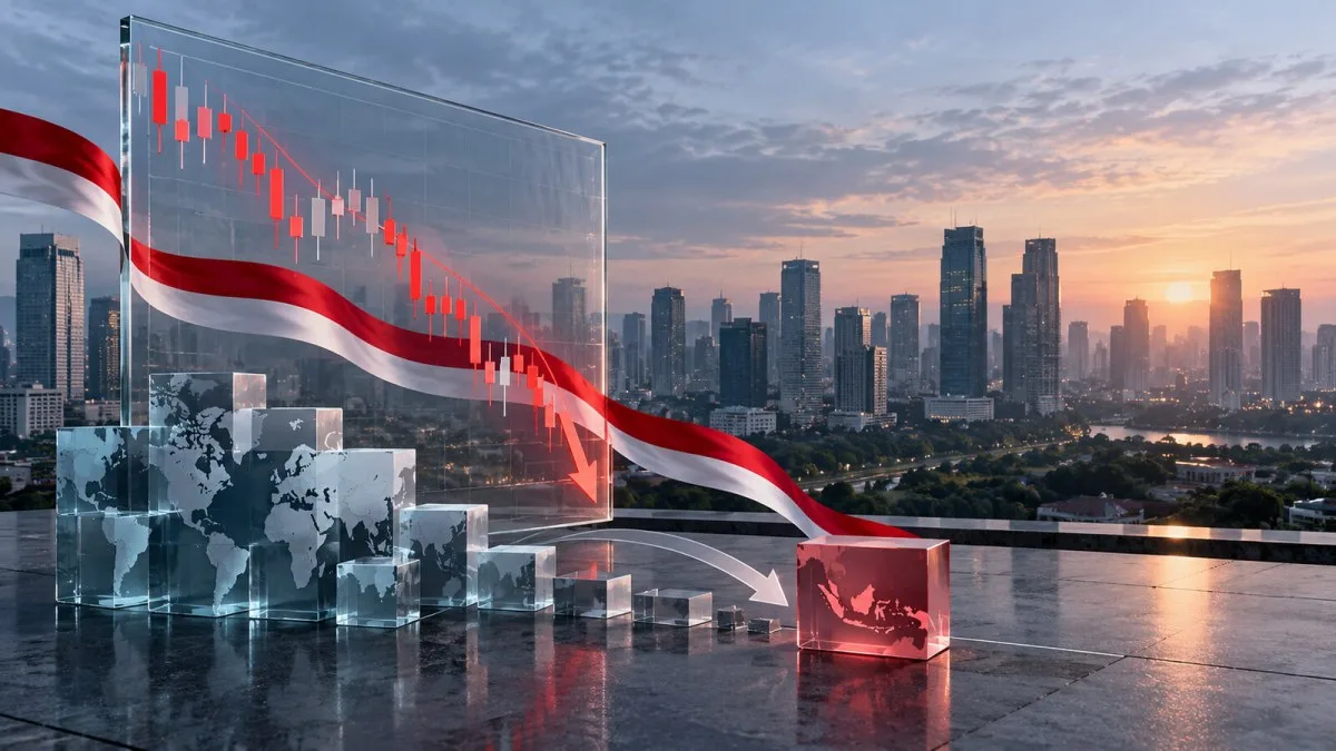 AI-generated conceptual illustration of a falling market chart, Indonesia-inspired red-and-white ribbon and an isolated market block against Jakarta's skyline.