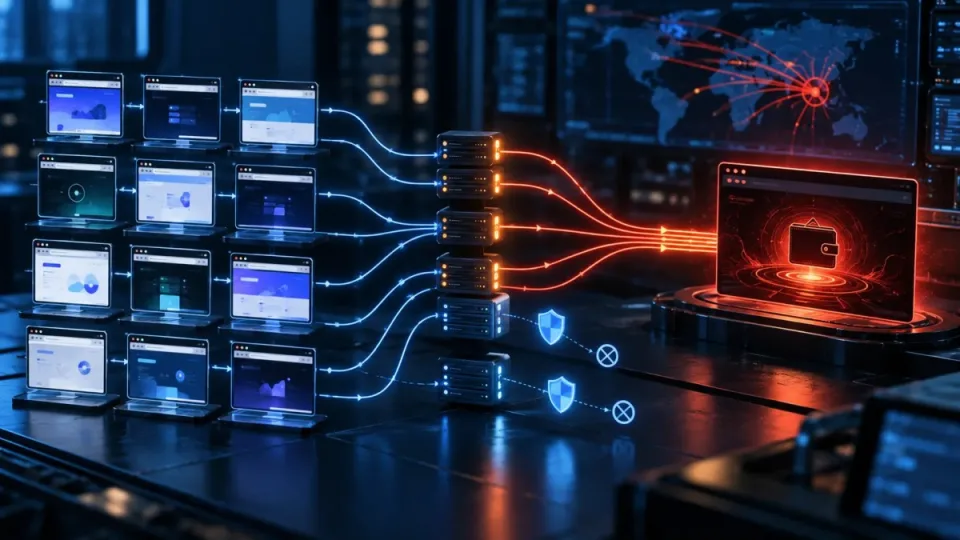 Conceptual illustration of twelve DeFi website routes being diverted through compromised infrastructure toward a wallet-drainer gateway.