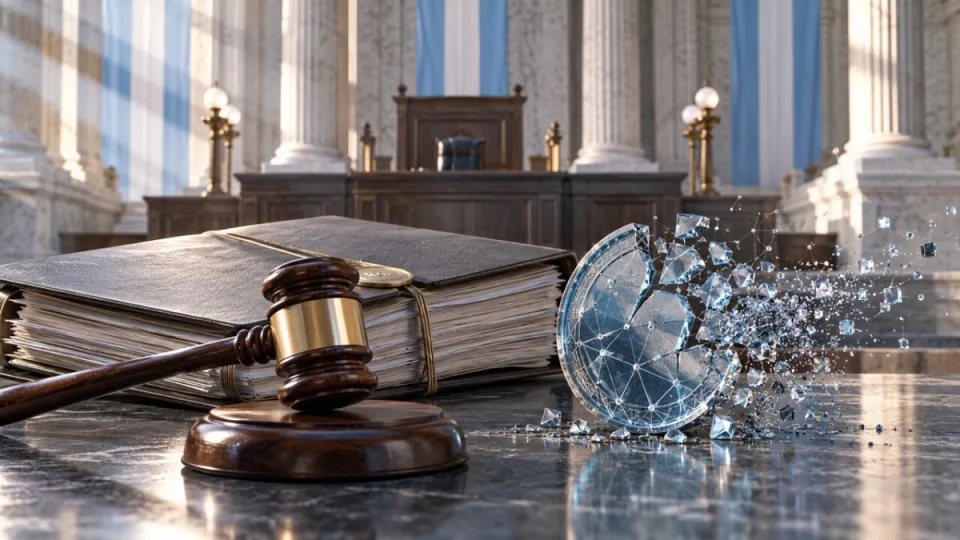 Conceptual editorial illustration of a court file and gavel beside a fragmented glass blockchain token in an Argentine federal courtroom