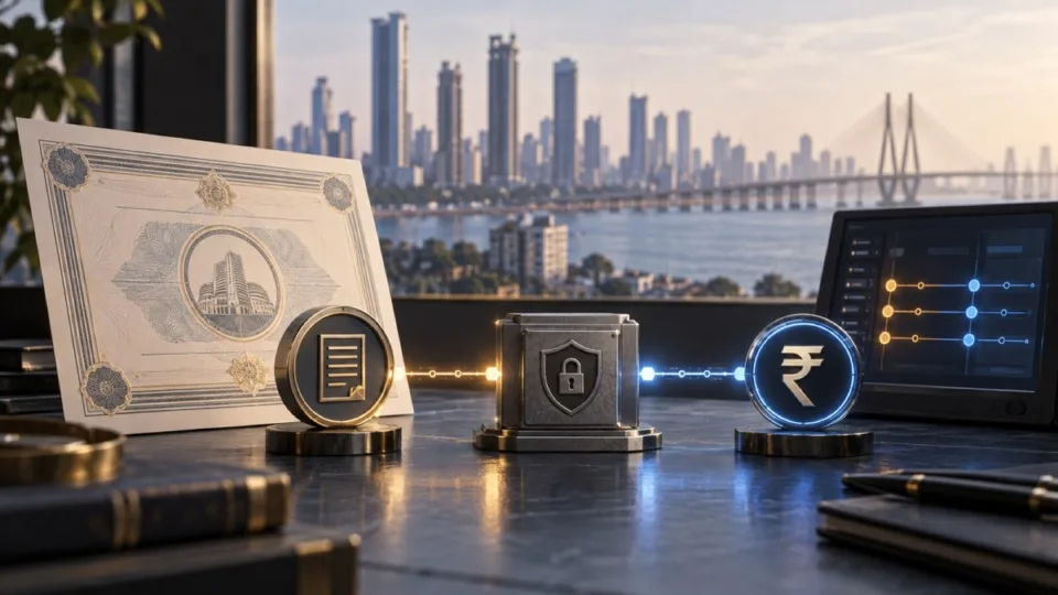 A conceptual Indian bond token and digital rupee settlement signal meeting at a secure ledger checkpoint