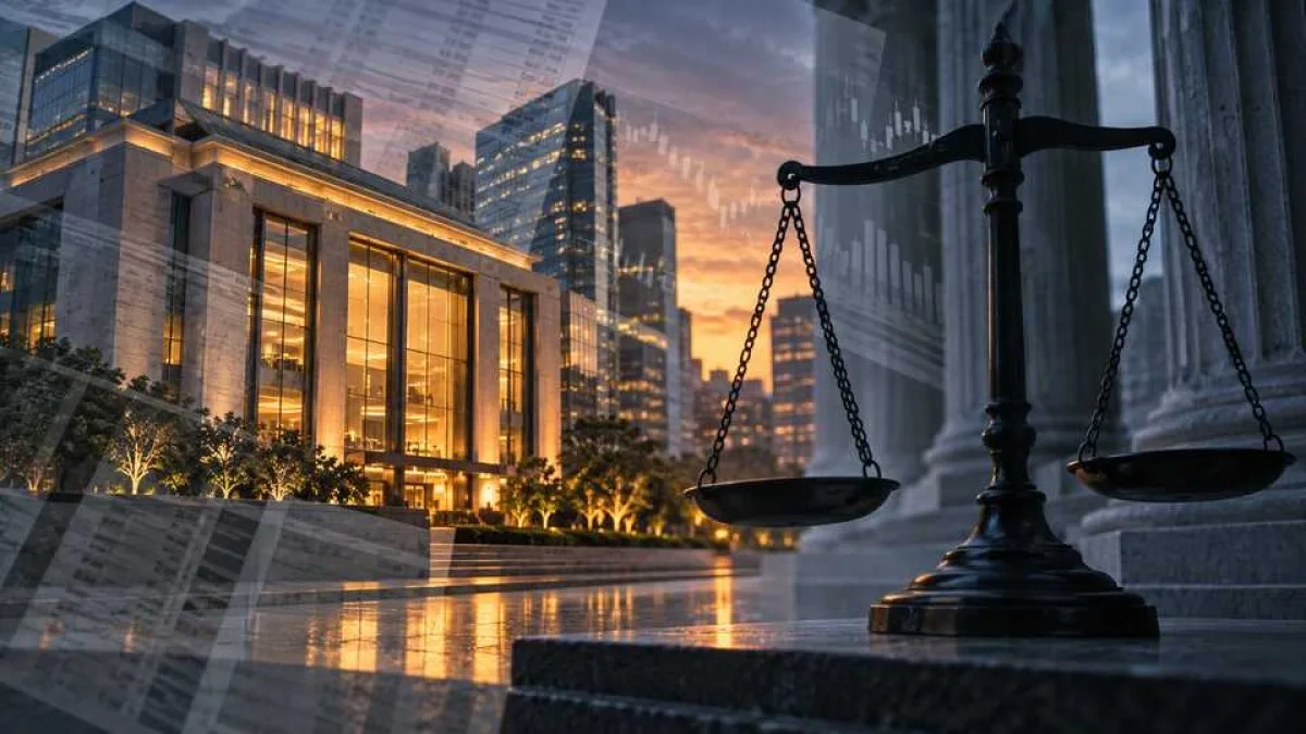 AI-generated conceptual illustration of a bank, financial figures and scales of justice; it does not depict an actual bank building, court or document.