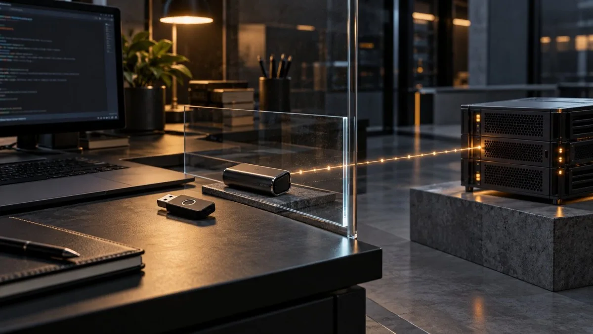 AI-generated conceptual image of a developer workbench and a wallet device separated from a network server by glass, illustrating an access boundary rather than an actual incident scene.