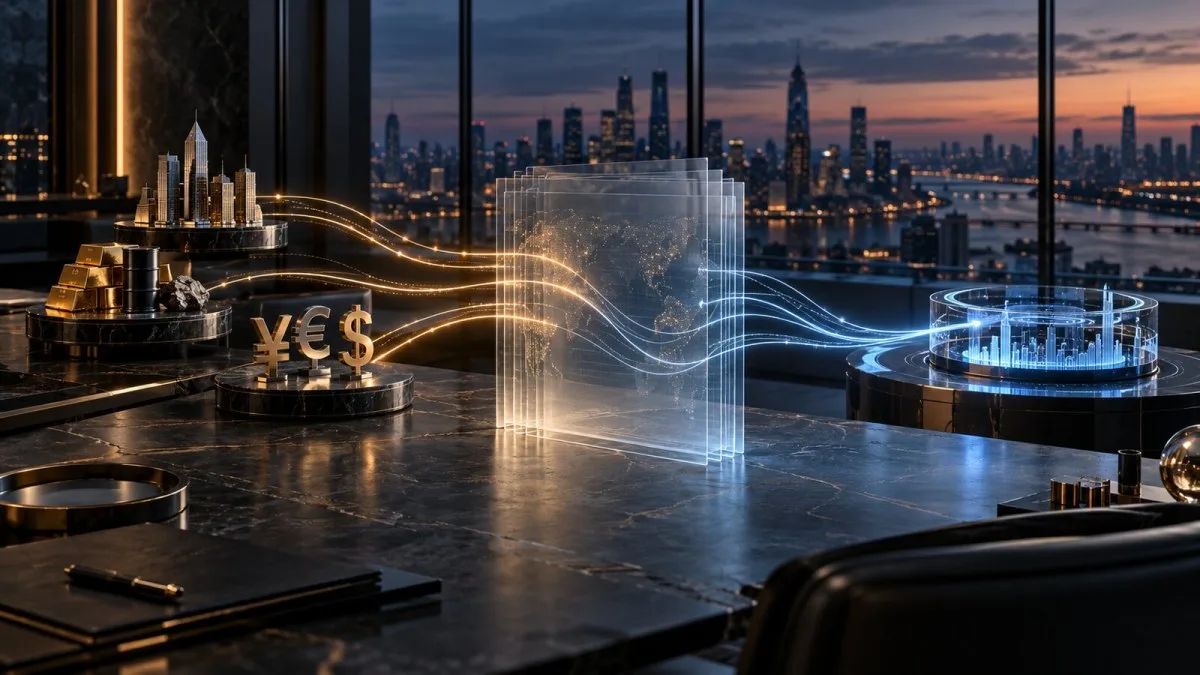 AI-generated conceptual illustration of traditional-asset symbols and a risk ledger connected to a digital derivatives venue across a trading desk.
