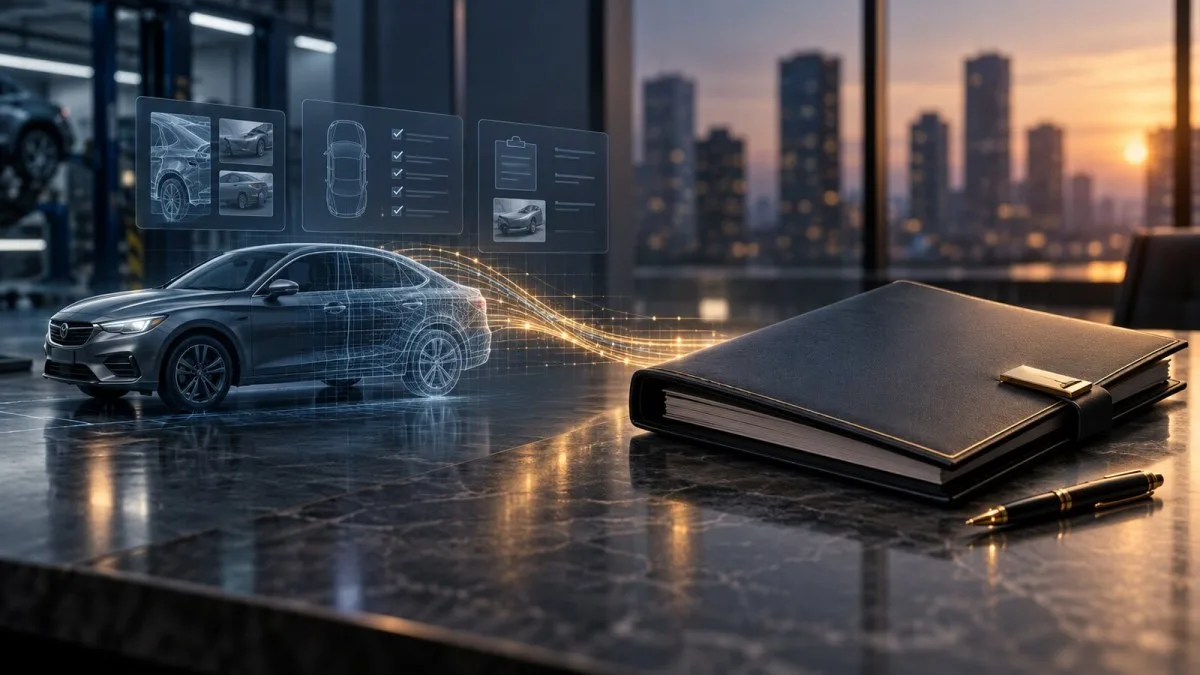 AI-generated conceptual illustration of an unbranded vehicle-insurance claims workflow beside a closed acquisition folder, representing CCC's pending take-private agreement.