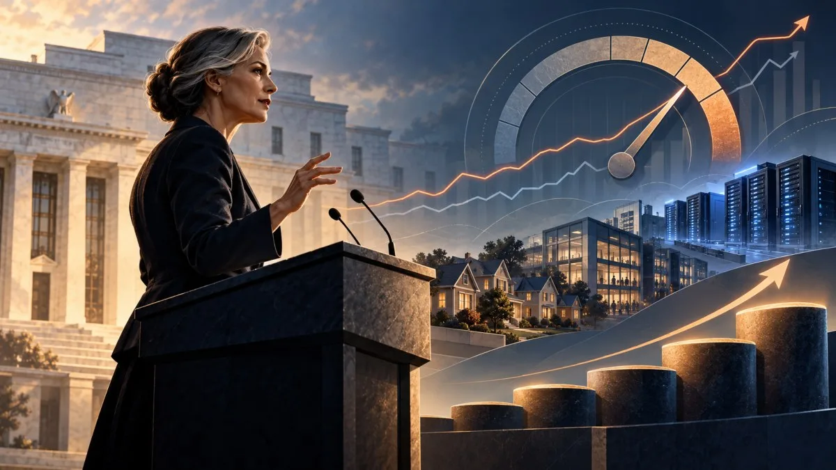 Conceptual illustration of a central-bank policymaker beside rising rate, inflation and data-center motifs.