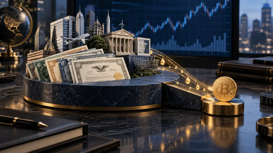 AI-generated editorial illustration of a broad U.S. equity portfolio directing dividend flows toward a smaller Bitcoin allocation