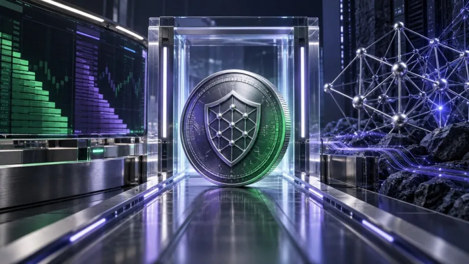 AI-generated conceptual image of a quantum-resistant token passing through a secure exchange gateway beside an institutional order book.