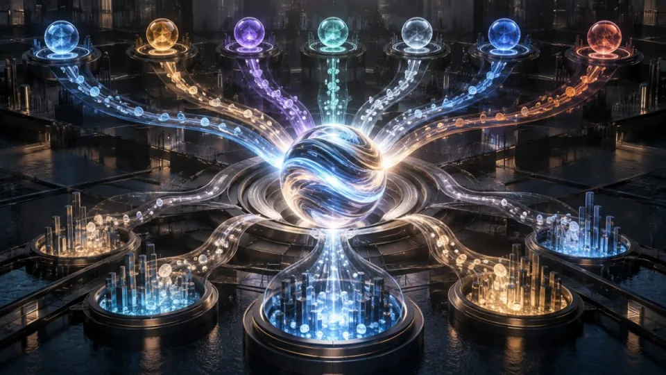 AI-generated conceptual illustration of seven blockchain pathways converging through one cross-chain liquidity hub and branching into market pools.