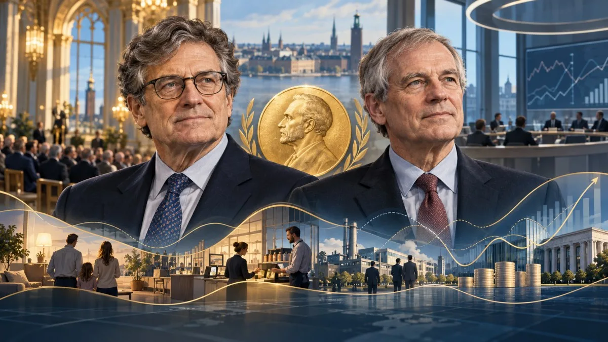 Editorial illustration of Robert E. Hall and Michael Woodford above households, businesses and central-bank policy charts in Stockholm.