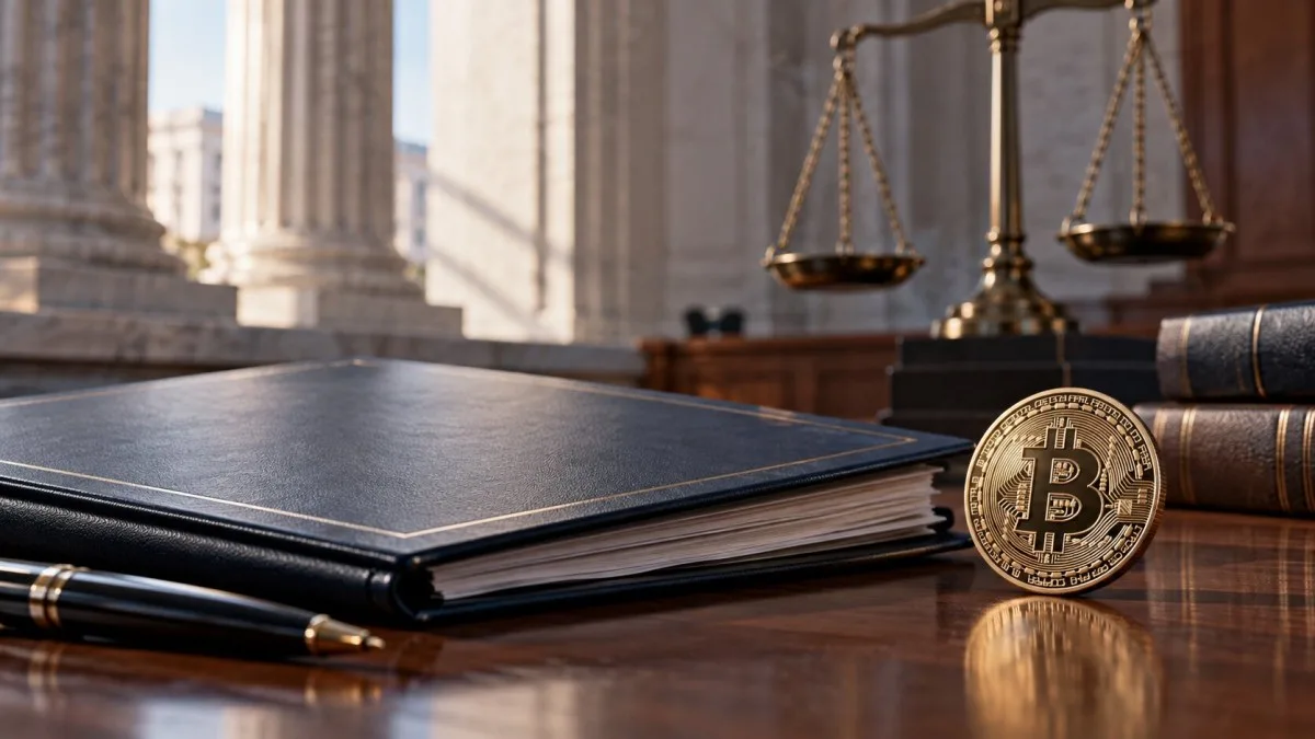 AI-generated conceptual image of a court file, scales of justice and a Bitcoin coin; it does not depict the Gemini hearing or an actual court document.