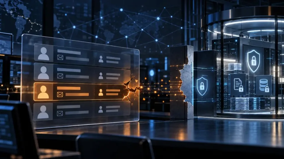 AI-generated conceptual illustration of a secured blockchain analytics workspace with an alert over exposed customer identity records.