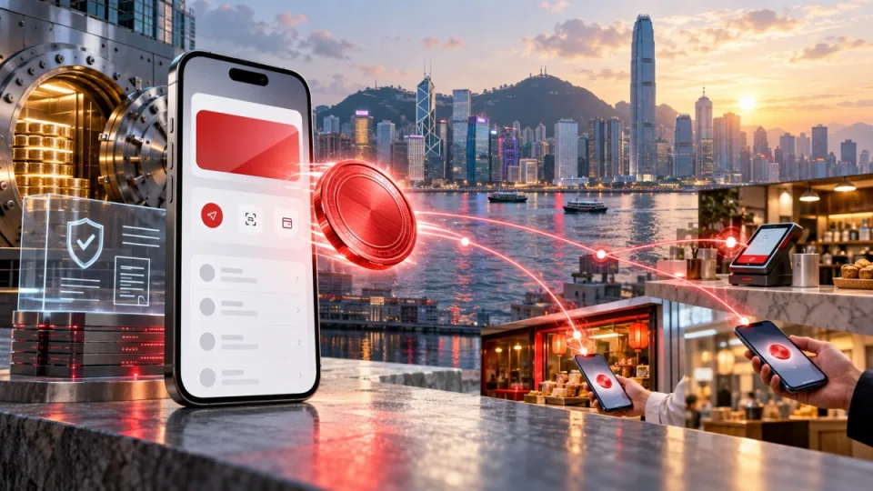 Conceptual illustration of a red digital token moving from a secure mobile wallet to people and merchants across Hong Kong.