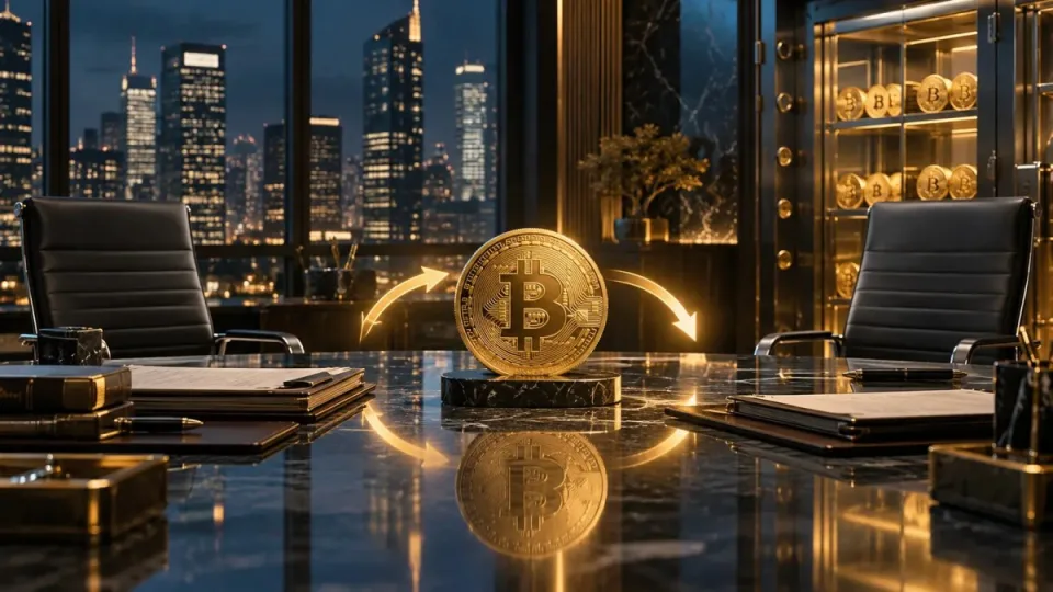 AI-generated conceptual illustration of a bitcoin treasury handoff between two empty executive workstations in a corporate boardroom.