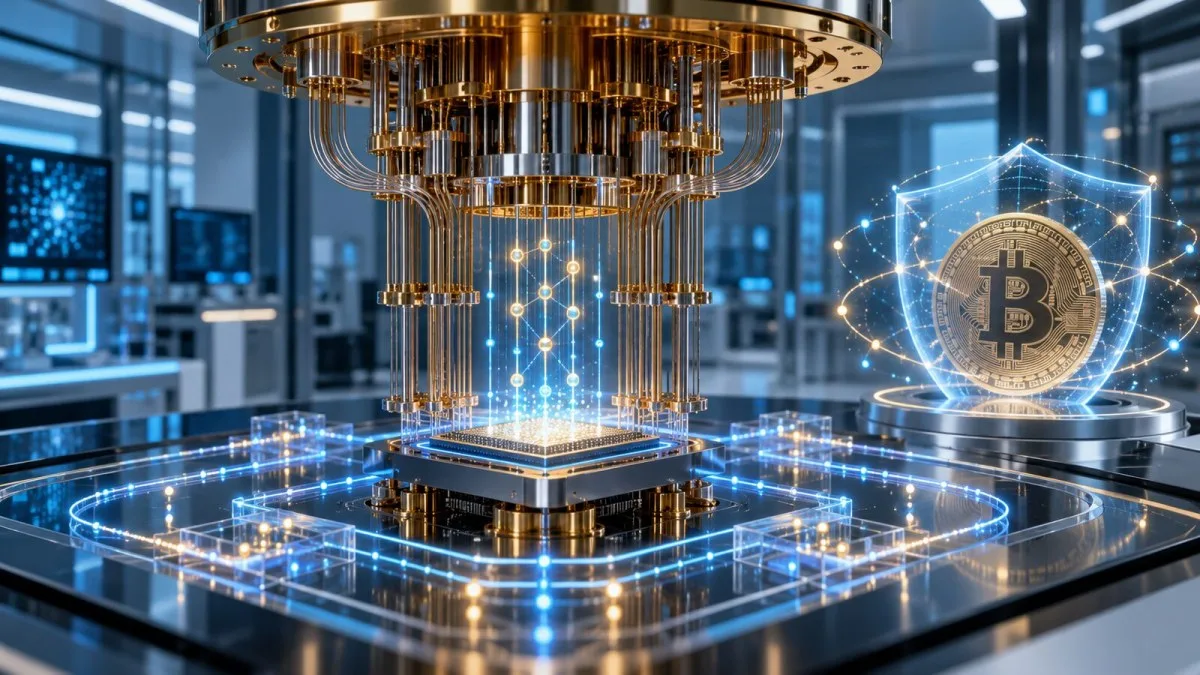 AI-generated conceptual illustration of a quantum processor cultivating error-corrected states beside a shielded Bitcoin symbol