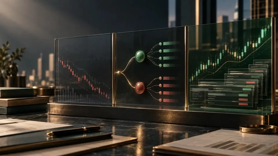 AI-generated editorial illustration of a brokerage ledger with a subdued crypto channel beside stronger event-contract and options activity.