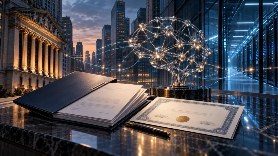 Conceptual editorial illustration of an artificial-intelligence network sculpture linking a regulatory filing, Wall Street exchange building and data center.