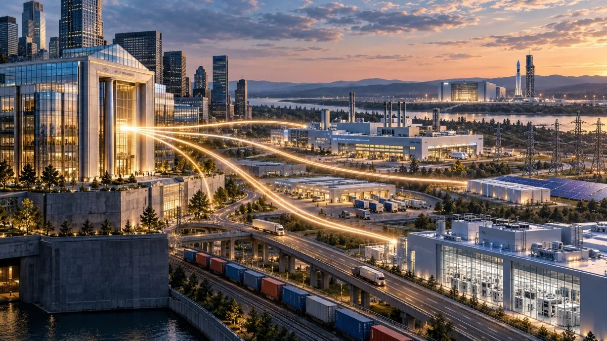 AI-generated conceptual illustration of bank capital flowing into U.S. factories, energy infrastructure, logistics and aerospace facilities.