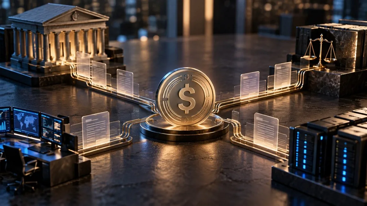 AI-generated conceptual image of a digital-dollar coin connected to ledger panels, a bank, and data infrastructure; it does not depict an actual Circle facility or transaction.