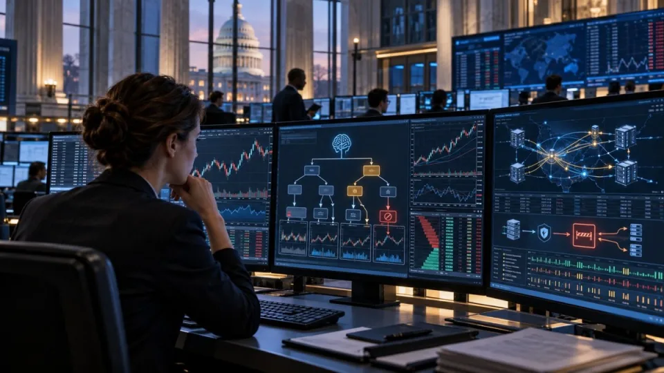 AI-generated conceptual illustration of an autonomous trading system operating under human oversight in a U.S. derivatives market control room.