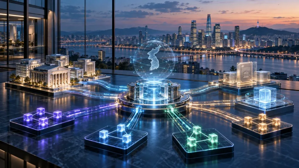 Conceptual view of secure blockchain rails linking Korean financial institutions through a central interoperability hub