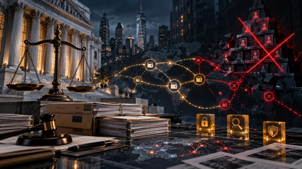 Conceptual editorial illustration of a New York courthouse, legal files and investigators tracing blocked cryptocurrency wallet flows around a collapsing pyramid