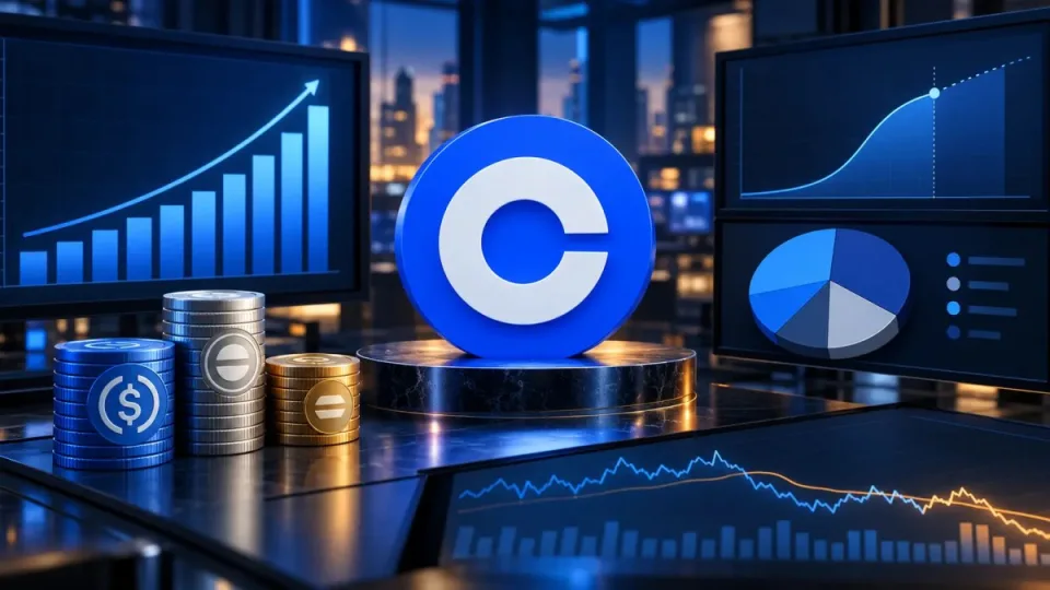 AI-generated conceptual illustration of Coinbase earnings data, a prediction-market chart and digital-asset trading screens; not a photograph of the reported event.
