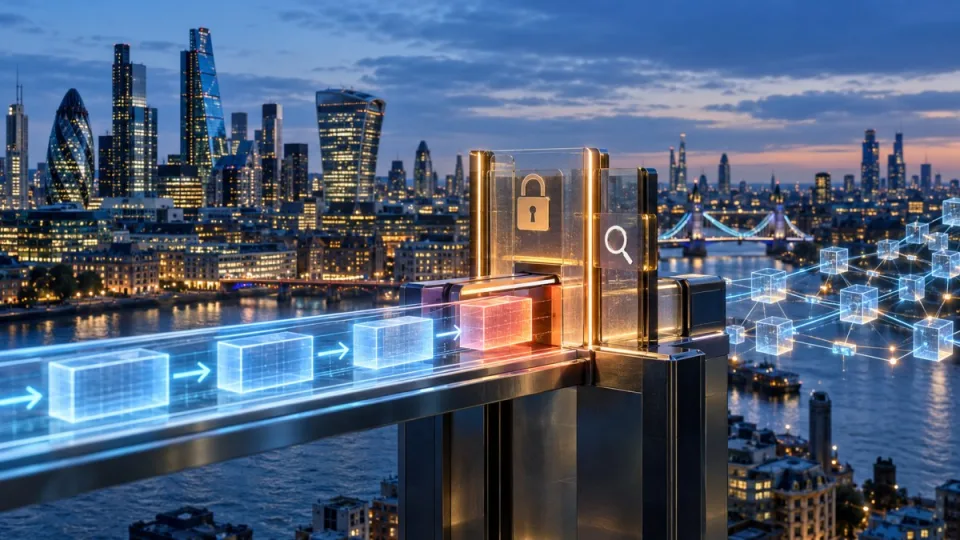Conceptual London financial district with a digital payment route paused at a transparent compliance checkpoint