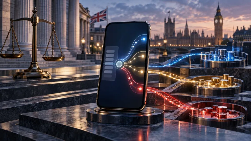 Conceptual editorial illustration of a crypto routing app directing transaction paths toward liquidity pools beside a UK regulatory setting