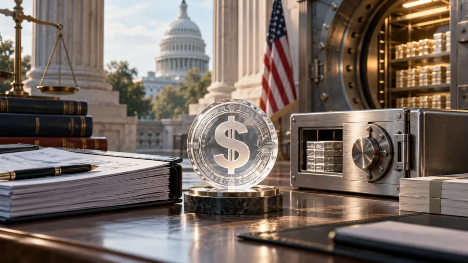AI-generated conceptual illustration of a transparent dollar token beside reserve records, a secure vault and Washington architecture.