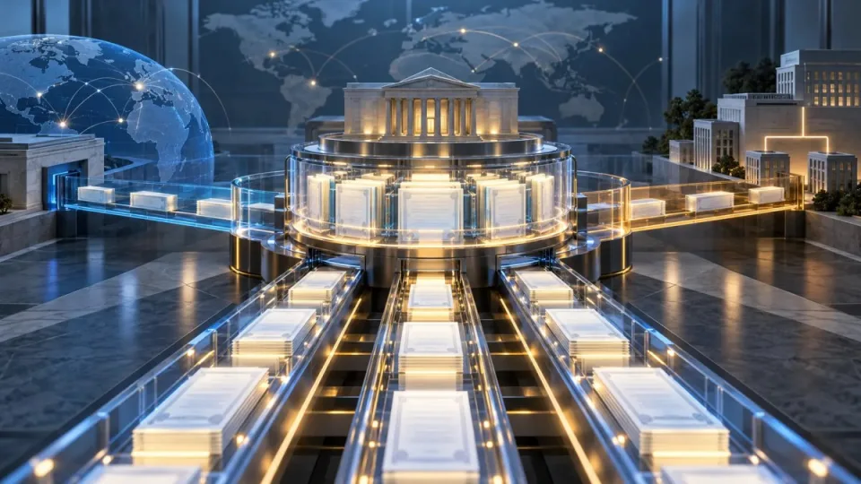 AI-generated conceptual illustration of U.S. Treasury documents moving through a central clearing hub with limited cross-border and affiliate channels.