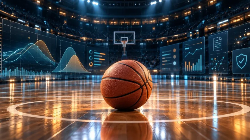 A basketball on a professional arena court surrounded by abstract market charts and integrity-control graphics.
