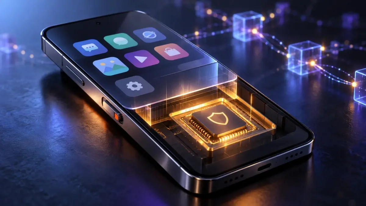 AI-generated conceptual illustration of a smartphone-like security device separating everyday apps from a glowing secure signing chip.