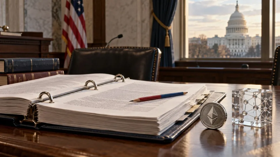 A conceptual U.S. crypto policy binder with an Ethereum token on a congressional committee desk