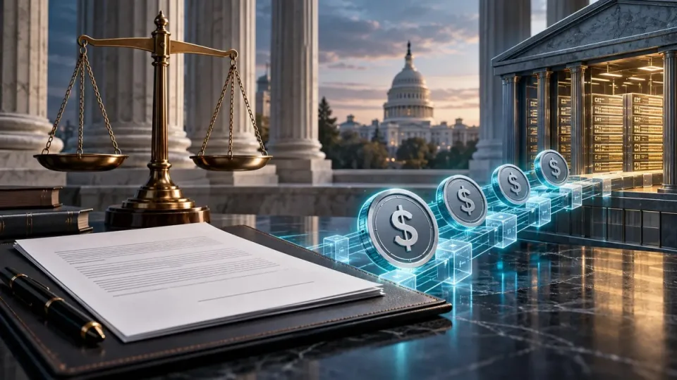 Conceptual stablecoin settlement rail linking a formal policy filing, compliance scales and regulated capital-market infrastructure.