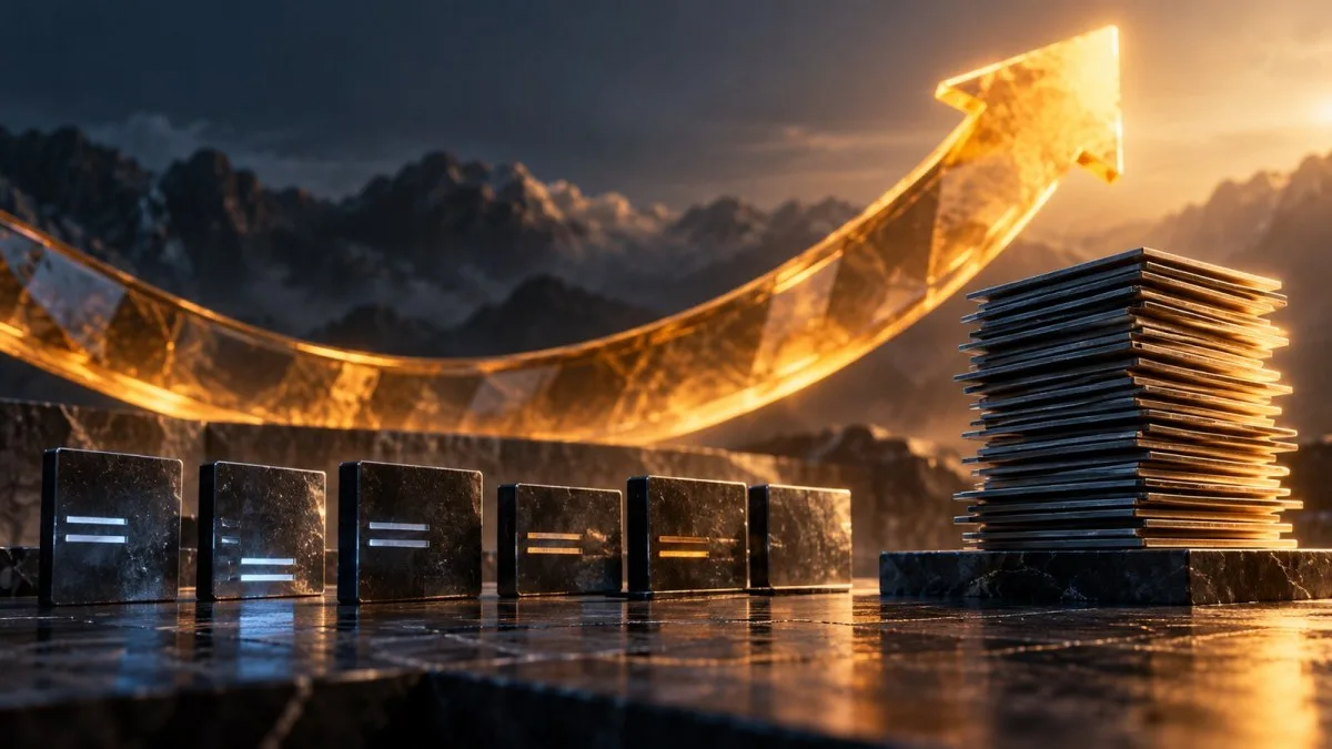 AI-generated conceptual illustration of an amber upward market arc behind sparse exchange tiles and a stack of futures-contract sheets.