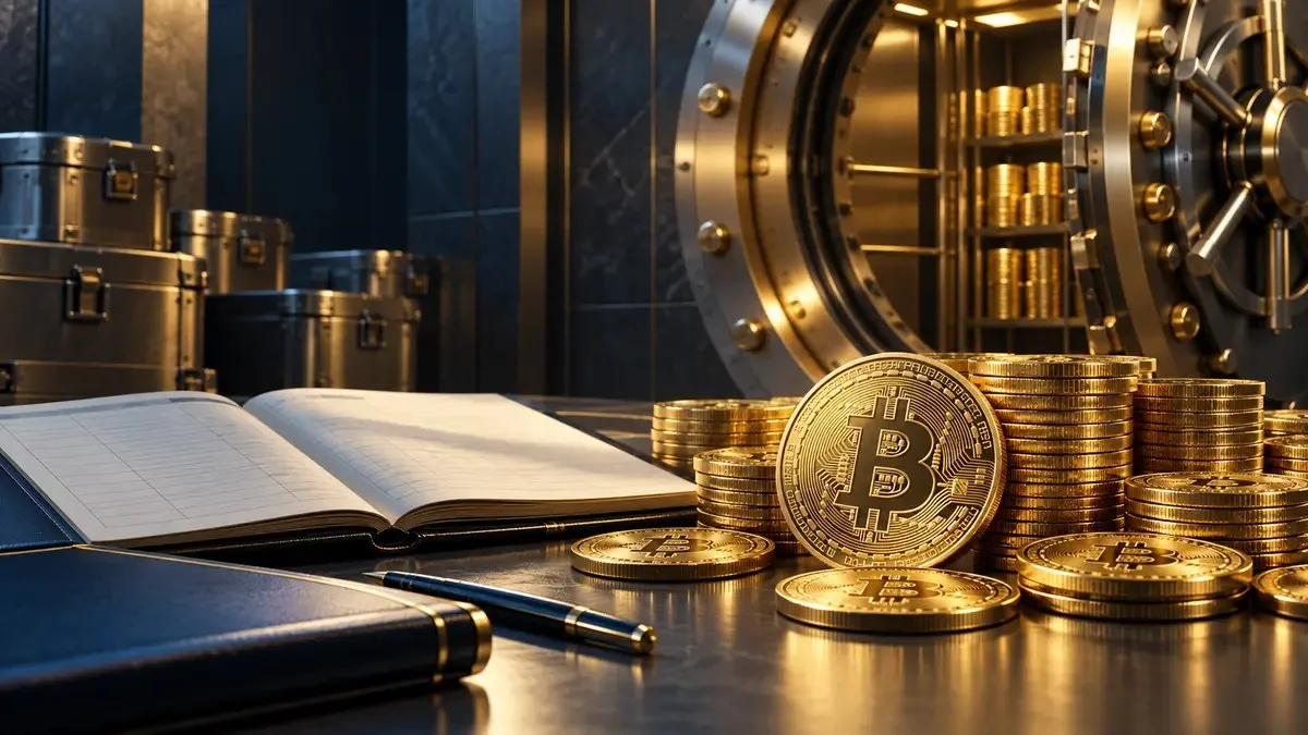 AI-generated conceptual illustration of a Bitcoin treasury reserve beside a corporate ledger and secure vault.