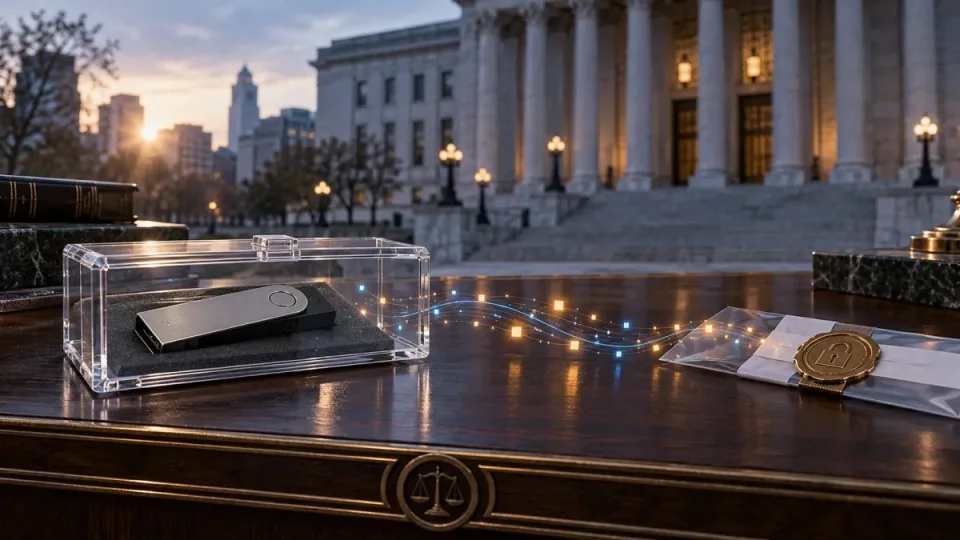 AI-generated conceptual illustration of a locked hardware wallet and digital asset trail on an evidence table before a U.S. courthouse, with no real people depicted.