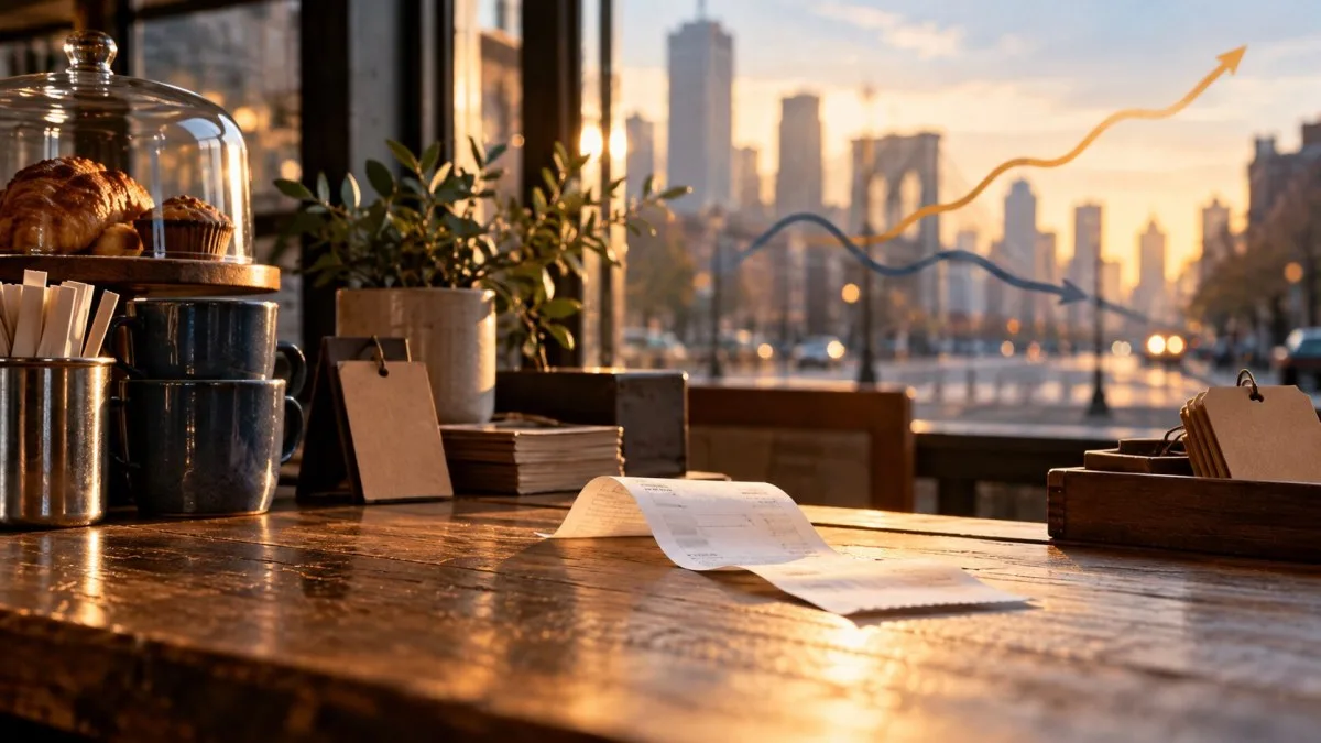 AI-generated conceptual image of a service-business counter with a receipt and abstract lines suggesting rising prices and weaker activity