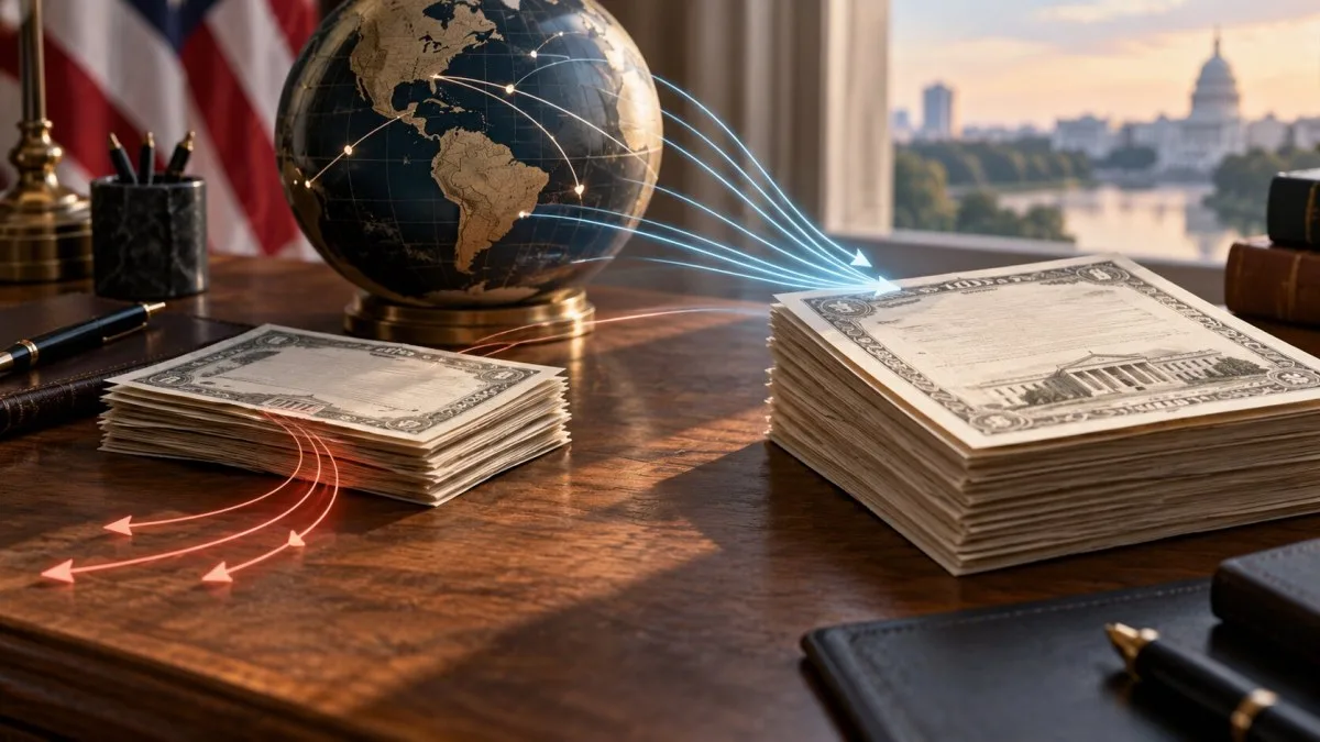 AI-generated conceptual illustration of cross-border investment flows toward long-term U.S. securities and away from Treasury bills