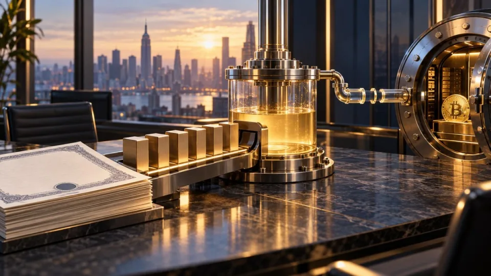 AI-generated conceptual editorial illustration of a completed preferred-stock financing beside a separate, partially connected Bitcoin reserve vault.