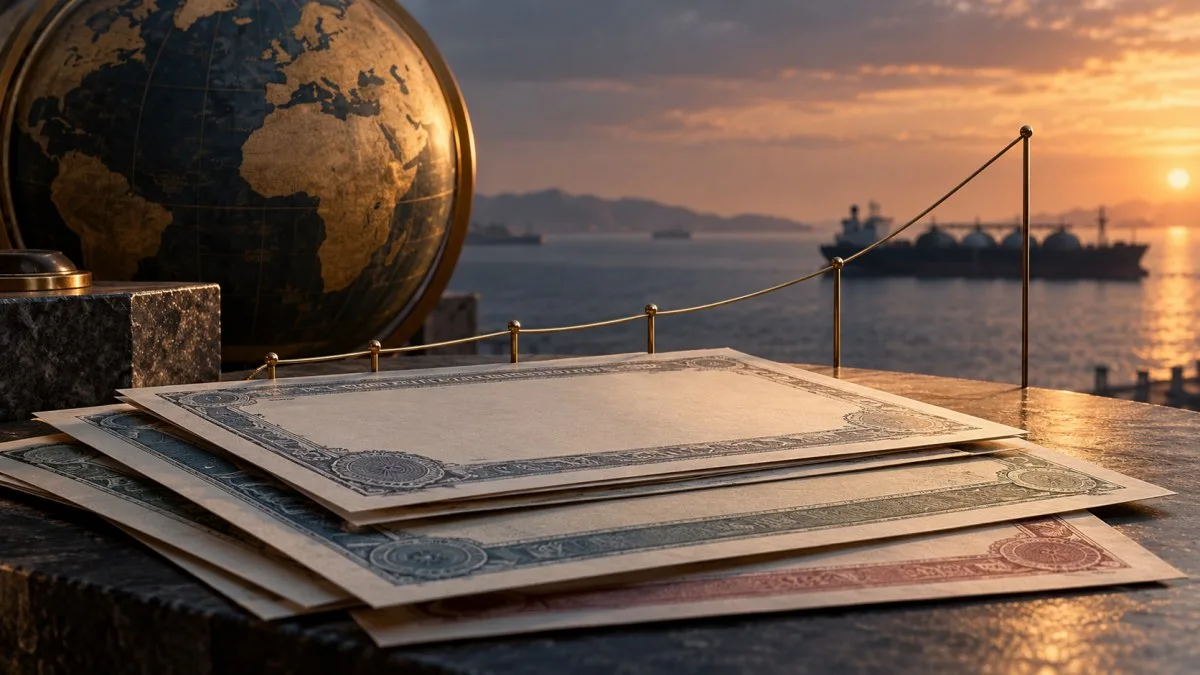 AI-generated conceptual image of unmarked bond papers, a globe, an upward wire line and an energy vessel at dawn; not a photograph of the IMFC meeting.