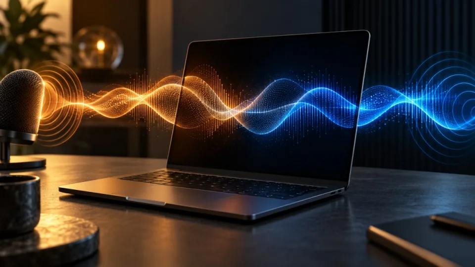 AI-generated conceptual illustration of amber and blue voice waveforms flowing through a laptop during a full-duplex conversation.