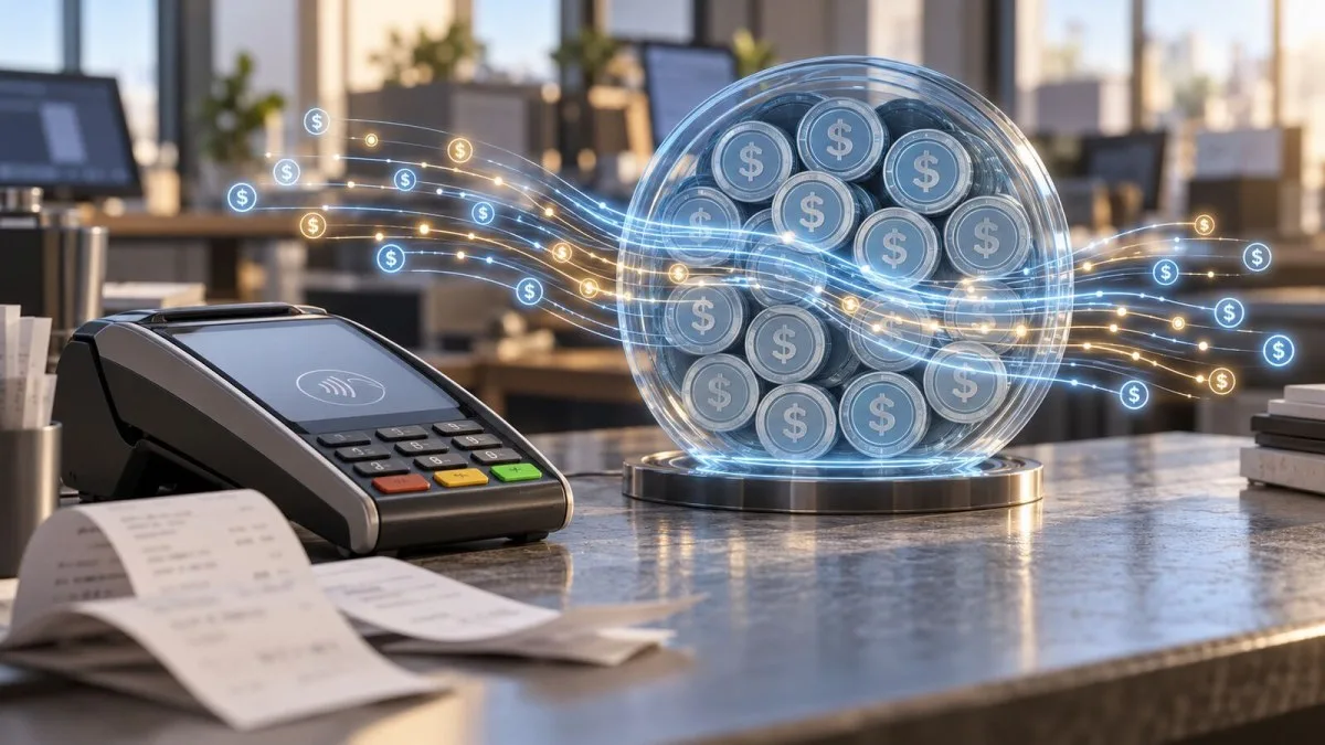 AI-generated conceptual illustration of a fixed pool of dollar tokens with payment flows passing through it beside an unbranded terminal; not a photograph of a real transaction.