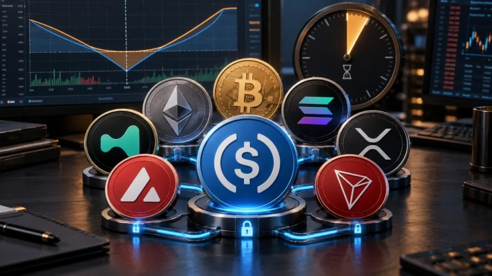 AI-generated conceptual image of seven crypto tokens around a USDC settlement token, an options payoff chart and a one-week expiry clock.