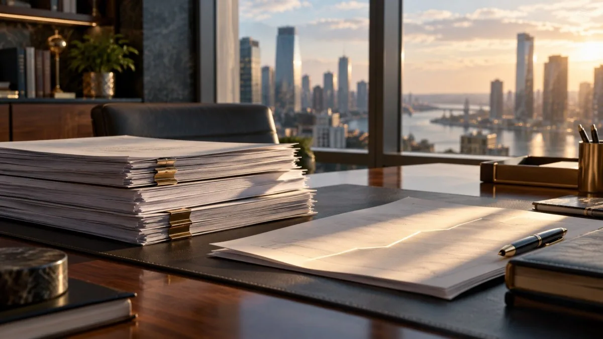 AI-generated conceptual image of loan documents on a bank desk overlooking a city at sunset