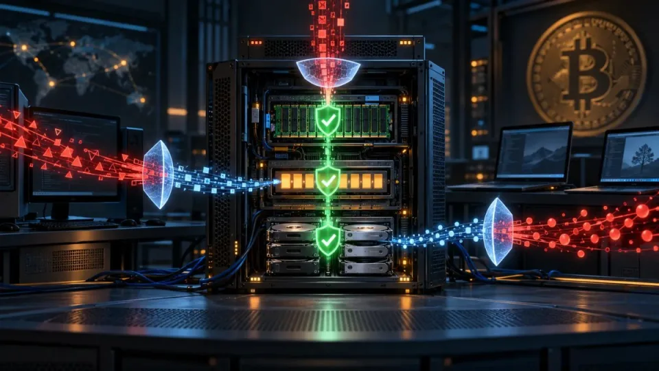 Conceptual Bitcoin full-node server with three hostile data streams blocked by security shields protecting memory, message queues and storage.