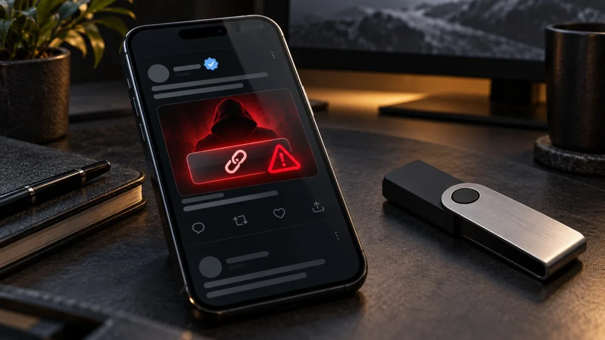 Conceptual editorial illustration of a Bitcoin hardware wallet beside a phone showing a suspicious social-media alert, with a red warning light and no readable text