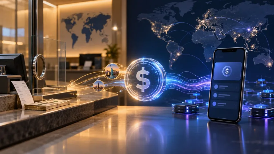 AI-generated conceptual illustration of a Western Union-style remittance counter connecting to a secure USDPT digital wallet over Solana payment rails.